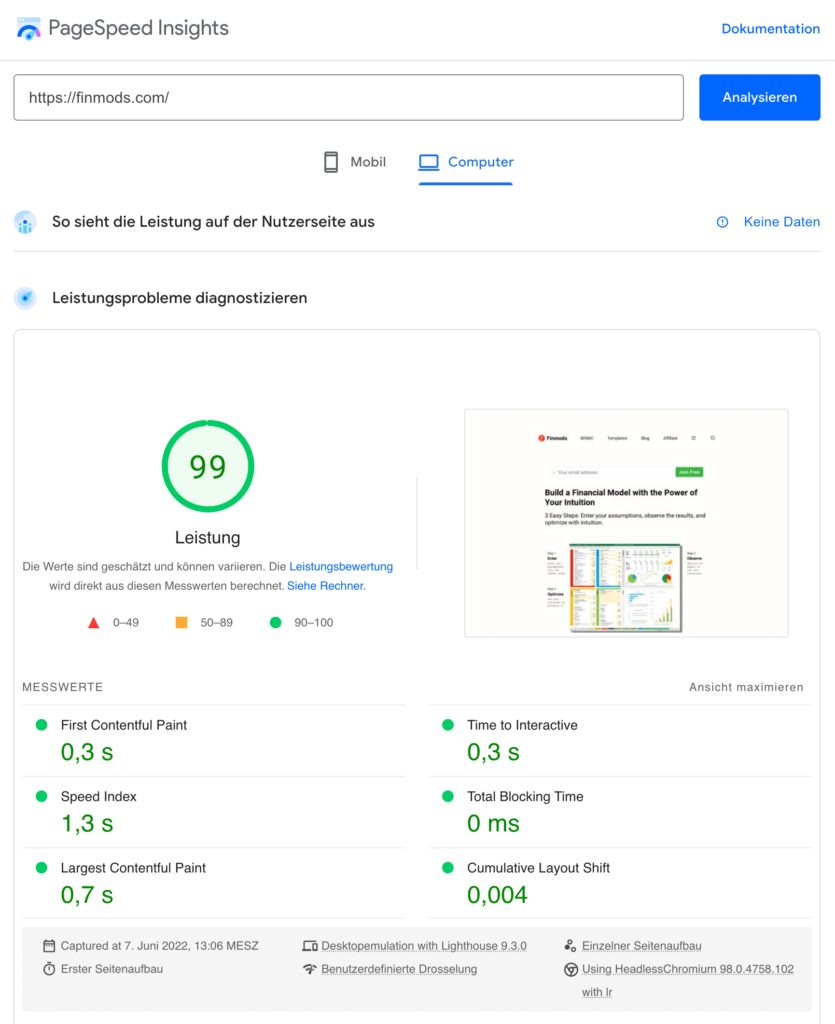 finmods pagespeed insights